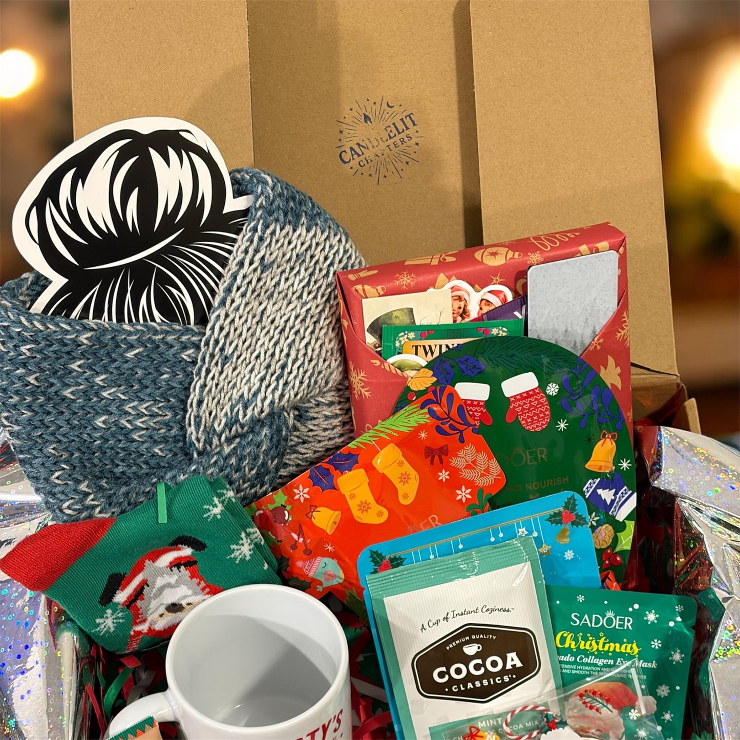 Mystery Christmas Book Box – Holiday Bookish Gift Set with Mug, Socks, Stickers & Handmade Items